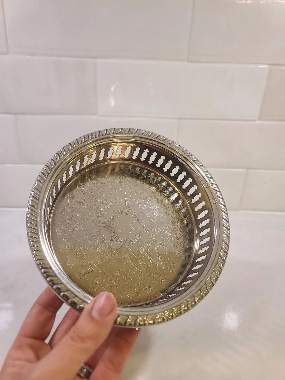 Vintage Silver Plate Round Gallery Bottle Coaster Pierced Filigree Monogram LS - Image 3