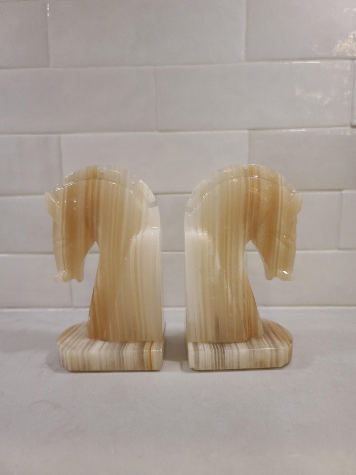 Vintage Onyx Horse Head Bookends - Hand Carved Mid Century Marble Stone Pair