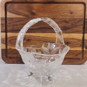 Vintage Polish Lead Crystal Basket Bowl, Frosted Tulip Pattern with Handle, 3-Footed Bridal Centerpiece