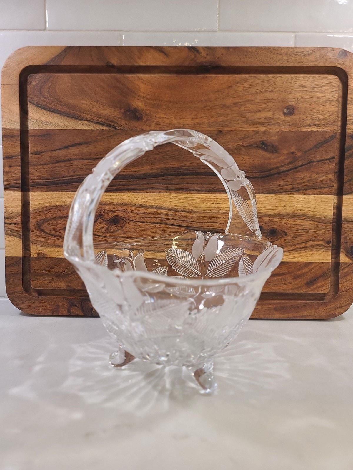 Vintage Polish Lead Crystal Basket Bowl, Frosted Tulip Pattern with Handle, 3-Footed Bridal Centerpiece