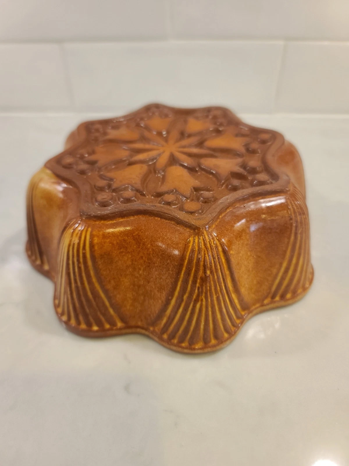 Vintage French Terracotta Cake Mold - Amber Glazed Earthenware Snowflake Floral - Image 8