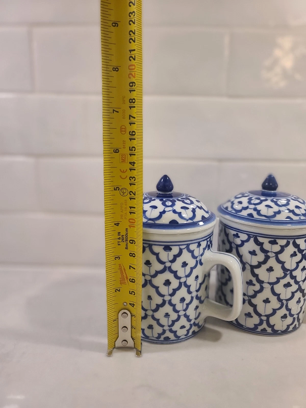 Chinese Thai Pattern Lidded Tea Mug Vintage 70’s Blue and White Ceramic Cups Set - Image 10