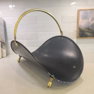 MCM Mid-Century Black and BRASS Log Firewood Holder Carrier Footed, 14” x 20”