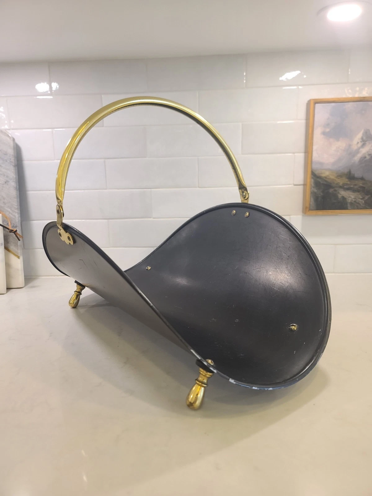 MCM Mid-Century Black and BRASS Log Firewood Holder Carrier Footed, 14” x 20”