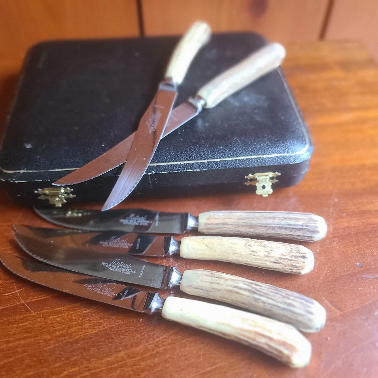 Vintage Mutual Hiram Wild Sheffield Stag Horn Antler Steak Knife Set 6pc Box NOS - Image 5