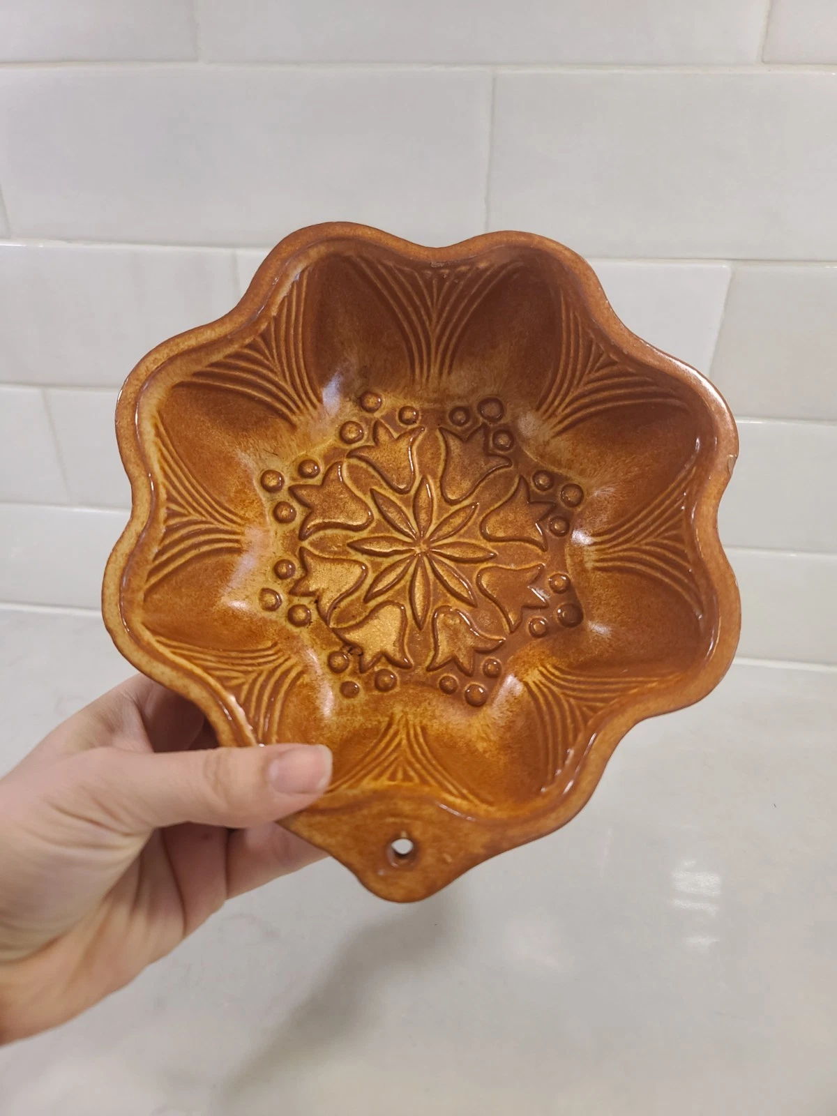 Vintage French Terracotta Cake Mold - Amber Glazed Earthenware Snowflake Floral - Image 2