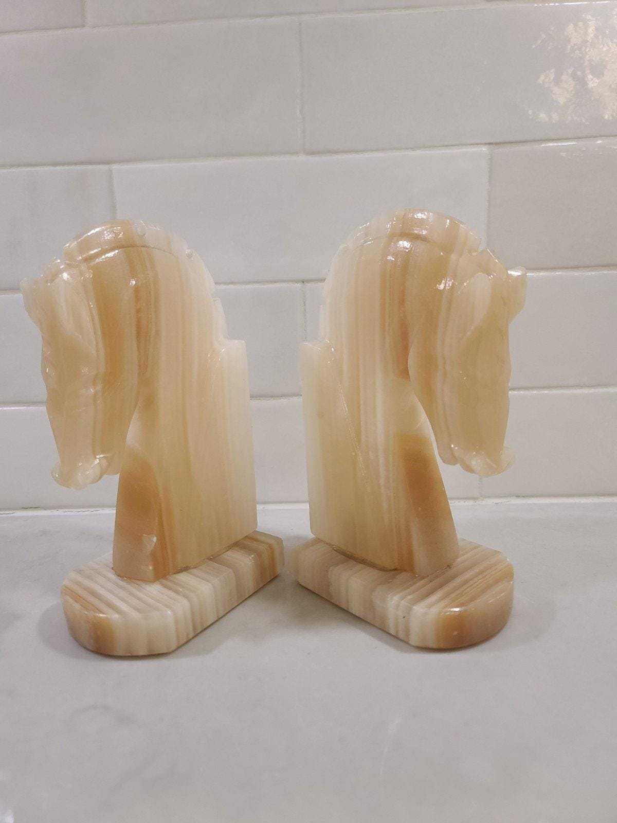 Vintage Onyx Horse Head Bookends - Hand Carved Mid Century Marble Stone Pair - Image 7