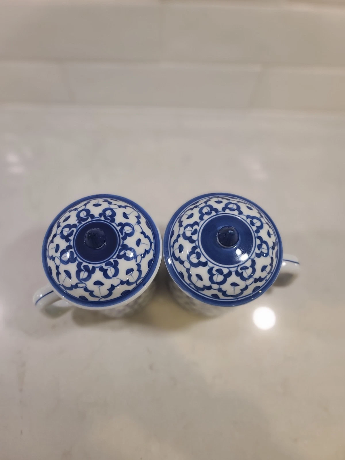 Chinese Thai Pattern Lidded Tea Mug Vintage 70’s Blue and White Ceramic Cups Set - Image 5
