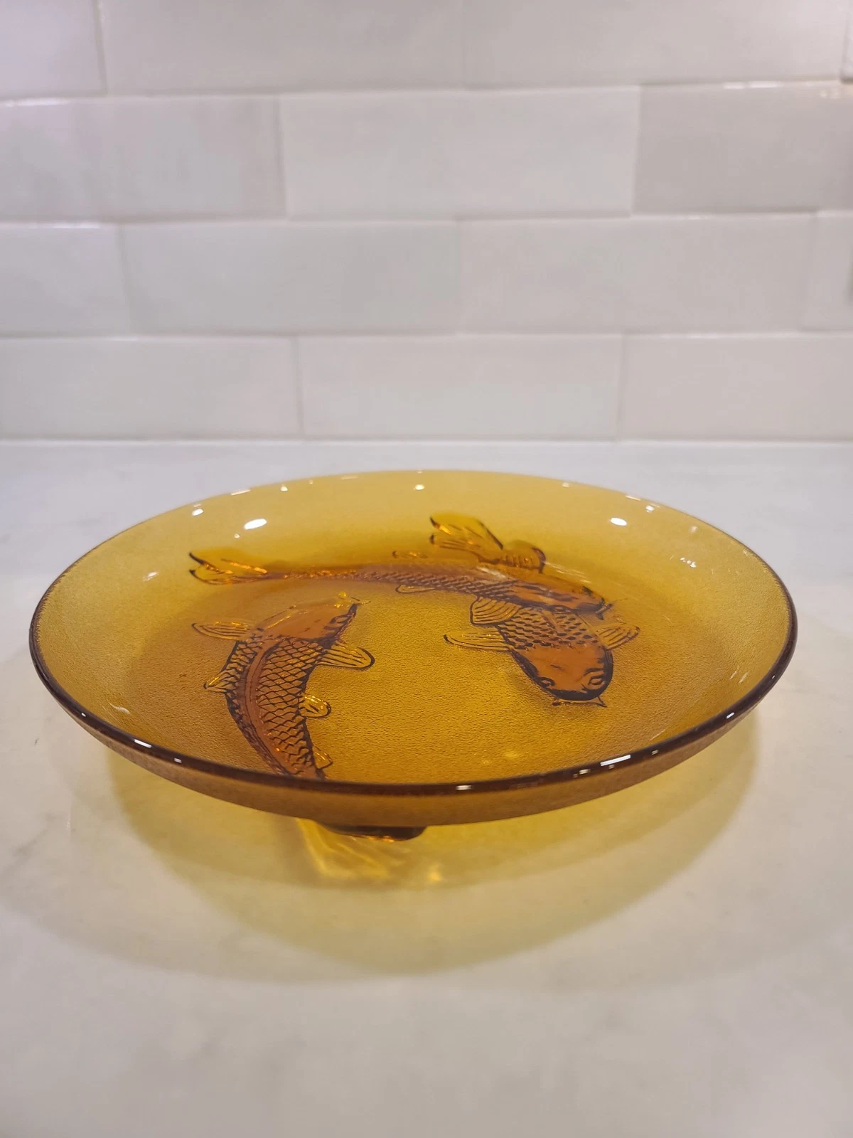 Vintage Amber Glass Koi Fish Dish / Plate – Pressed Glass, Made in Indonesia - Image 8