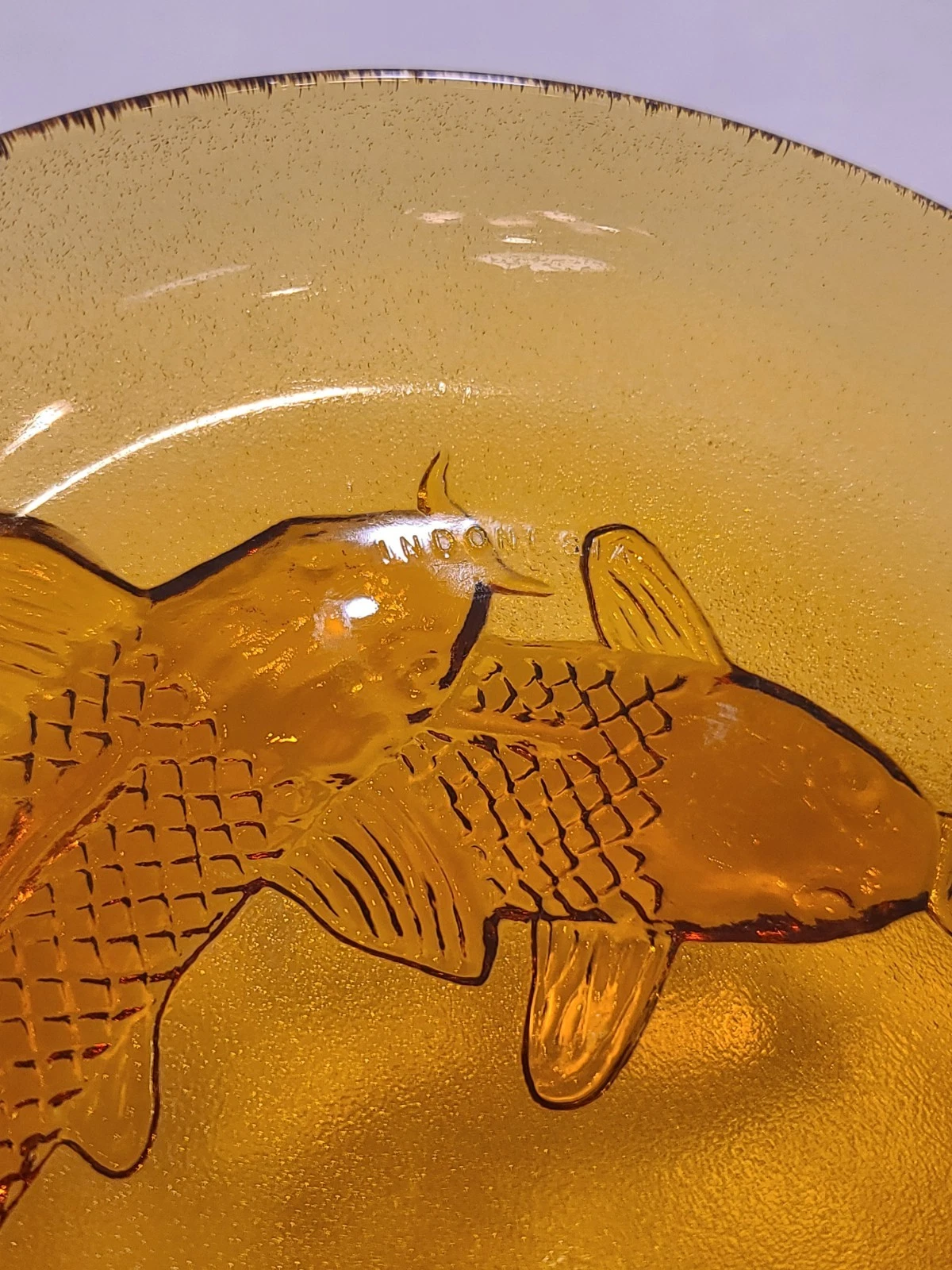 Vintage Amber Glass Koi Fish Dish / Plate – Pressed Glass, Made in Indonesia - Image 4