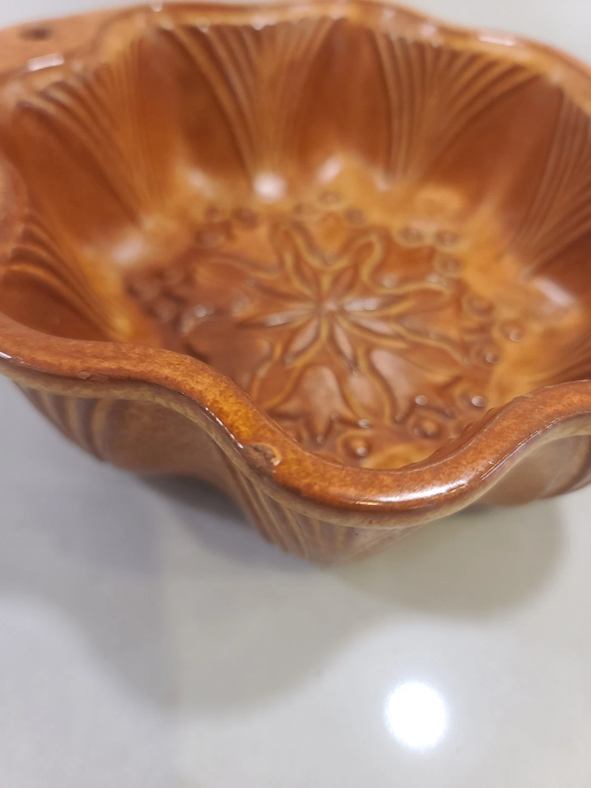 Vintage French Terracotta Cake Mold - Amber Glazed Earthenware Snowflake Floral - Image 5