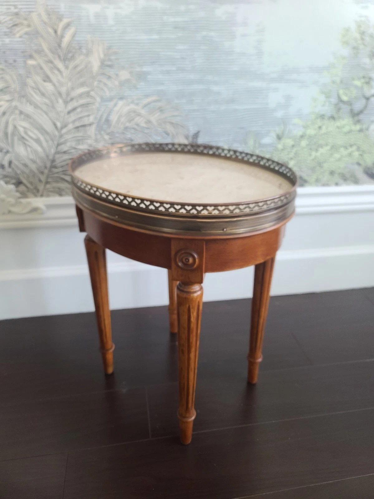 Vintage French Louis XVI Style Marble Top Side Tables Brass Gallery Hearts - Image 9